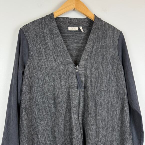 Logo Lori Goldstein Cardigan Women XS Charcoal Faux Suede Asymmetric Relaxed - Picture 2 of 8